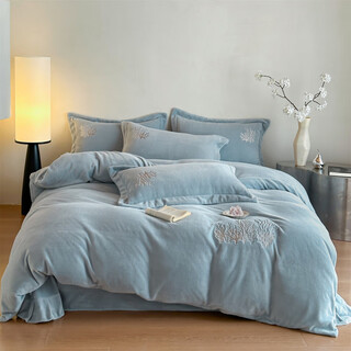 Lady laura fu anna's premium baby milk velvet four-piece set 2025 new thickened coral velvet winter plus velvet quilt coral-sapphire blue bed sheet 1.5m four-piece set
