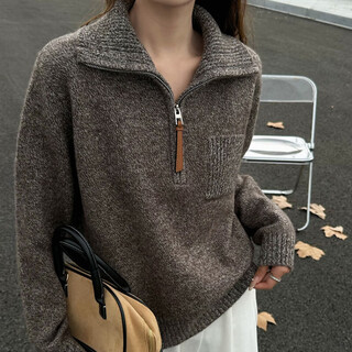 Baoye half turtle collar pure wool sweater women's autumn and winter thickened warm bottoming shirt zipper design niche knitted sweater rice coffee one size