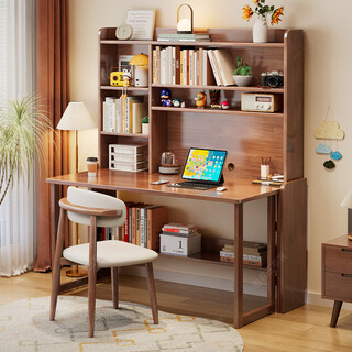 Huixun solid wood folding desk bookshelf integrated table bedroom conjoined computer table student home retractable children's study table walnut color #folding desk + bookshelf 80cm*60cm*75cm total height 175cm