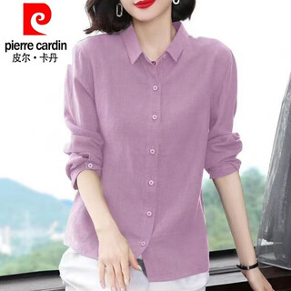Pierre cardin pure cotton shirt for women 2025 new autumn solid color shirt spring and autumn loose flesh-covering long-sleeved shirt for women purple pink xl recommended 111-125jin jin equals 0.5 kg