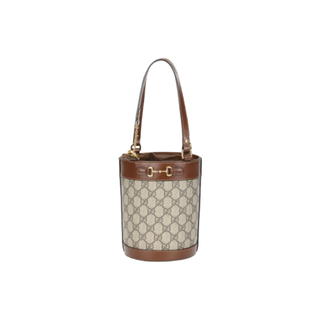 Gucci (gucci) women's bag bucket bag horsebit 1955 canvas and calfskin bucket bag portable crossbody shoulder bag ebony color and brown 637115-92tpg-8563