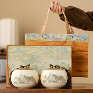 Bo naling tea can, tea sealed can, new high-end ceramic black tea, green tea, white tea, pu'er tea packaging box, empty gift box, qianli jiangshan double can - wood grain gift box + handbag