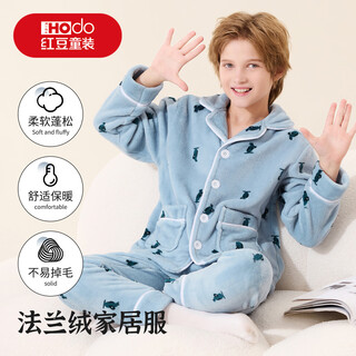 Red bean children's flannel pajamas home clothes set boys and older children autumn and winter thickened coral velvet cardigan can be worn outside the suit