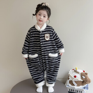 Cool sheep children's one-piece pajamas winter warm flannel children's baby sleeping bag winter thickened girls striped home clothes dark gray 140
