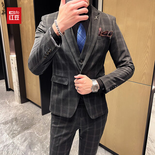 Red bean suit suit men's slim men's suit business formal plaid suit sense groomsmen groom wedding dress black single suit m