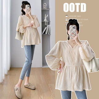 Maternity wear, spring and autumn korean version, versatile baby doll shirt, loose and fashionable age-reducing top, long-sleeved t-shirt, mid-length shirt, apricot m