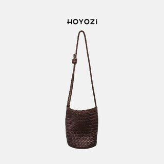 Hoyozi first-layer cowhide hand-woven bag women's summer shoulder crossbody bucket bag coffee color pre-sale first-order first-layer cowhide, purely hand-woven