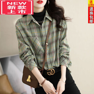Oriental duck brushed plaid shirt women's long sleeve new women's spring and summer retro plaid top loose versatile shirt jacket m