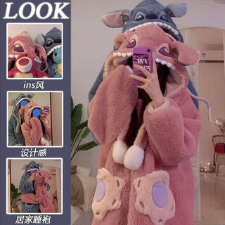 Yi shuhan pajamas couple outfit one male one female stitch cartoon internet celebrity winter coral velvet long nightgown home clothes set pink stitch nightgown + pants m 100-130jin jin equals 0.5kg