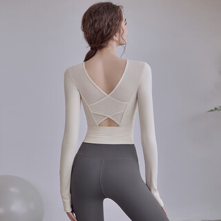 Lululmcctn long-sleeved yoga suit with chest pad for women, autumn and winter new beautiful back fitness sports pilates suit, separate milky white long-sleeved m