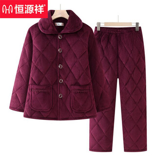 Hengyuanxiang middle-aged and elderly autumn and winter pajamas for women coral velvet three-layer quilted thickened grandma suit mom warm home clothes burgundy xl recommended 105-125 jin jin equals about 0.5 kg