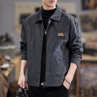 Fat brother work jacket men's jacket men's loose spring and autumn casual outerwear men's autumn large size fat lapel top dark gray xl weight 155-175jin jin is equal to 0.5 kg