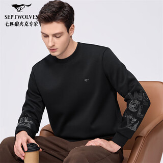 Septwolves antibacterial plus velvet sweatshirt men's fashion embroidered pullover men's top black 2xl
