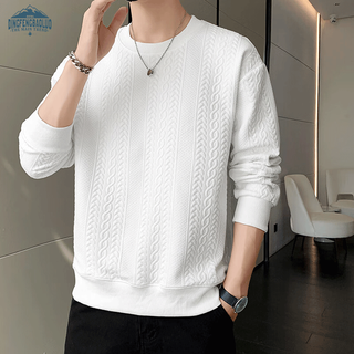 Dingfengbaoluo long-sleeved t-shirt men's autumn and winter versatile fashion jacquard sweatshirt loose trendy tops je2221 white xl