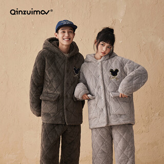 Kiss cat hooded warm velvet couple's quilted pajamas women's winter three-layer thickened men's suit home clothes outerwear 164 tea brown men 2xl