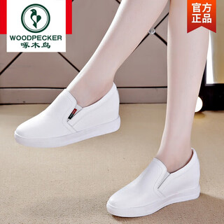 Woodpecker brand genuine leather inner height increasing women's shoes 2025 new versatile casual white shoes women's wedge heel slip-on single shoes for women white leather 36