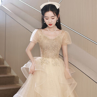 Li baixin evening dress for women 2025 new light luxury niche champagne color high-end dress high-end graduation adult ceremony host champagne color mid-length m recommended 90-100jin jin equals 0.5 kg
