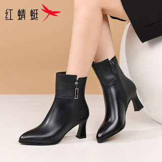Red dragonfly women's boots winter high heel light ankle boots women's thick heel commuting pointed toe fashion boots wfc450401b black 37