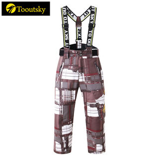 Tuskai's 24th winter new ski pants for men and women, snowy countryside waterproof and warm trousers and cotton suspenders, brown check, 140cm 140, recommended height 125-134