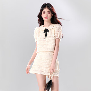 Fantu fantu 2024 summer new style xiaoxiang celebrity style suit women's age-reducing tea break short-sleeved tops and skirts two-piece set apricot tops s recommendation 85-100jin jin equals 0.5 kg