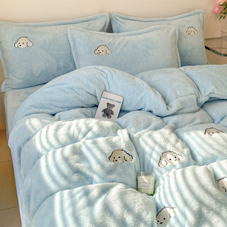 Mercury series class a milk velvet four-piece plush bed sheet, lamb velvet coral velvet winter children's three-piece set blue baby blue class a thickened arctic velvet 0.9m bed-(quilt cover 150*200) bed sheet three-piece set