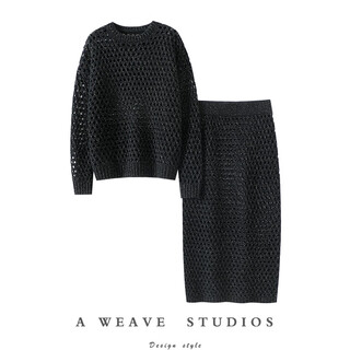 Qichao round neck hollow bright silk 100% cashmere sweater for women 2025 autumn and winter pure cashmere sweater straight skirt loose black s