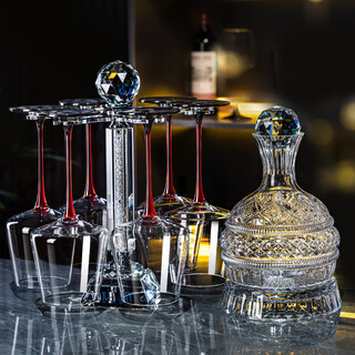 Flower language four seasons high-end red bow tie red wine glass set for household light luxury and high value burgundy crystal goblet rotating decanter white diamond stand + upright decanter + wine glass 500ml 6 pieces