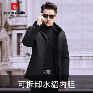皮尔卡丹新款派克服男士貂皮内胆貂皮大衣男中长款冬季尼克服水貂皮草外套 黑色整貂内胆 M 165