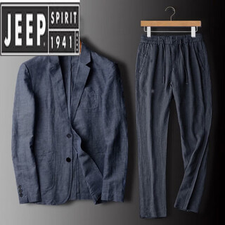 Jeep spirit linen suit suit men's spring and autumn cotton and linen suit suit men's two-piece summer thin top and pants set navy blue l 140-160jin jin equals 0.5 kg