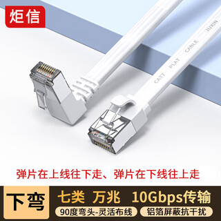 炬信（JUXIN）七类弯头网线CAT7类扁平网线 万兆网络屏蔽双绞连接线 家用电脑宽带成品跳线 下弯白色1米