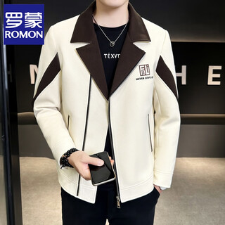 Romon autumn and winter corduroy jacket men's korean style slim-fit color-blocked suit collar jacket high-end handsome short windbreaker beige 2xl