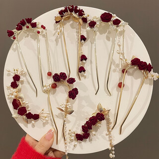 Clcey bridal horse face skirt headwear new chinese style red cheongsam engagement wedding xiuhe clothing hairpin women hanfu ancient style hairpin mainly recommended 7-piece set (hot selling complete set)