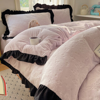 Mercury series french fairy lace carved velvet warm four-piece set double-sided velvet duvet cover milk velvet 3-piece set thickened 1.5 sheets roof garden-purple 1.2m sheet style three-piece set (quilt cover 150*210cm)
