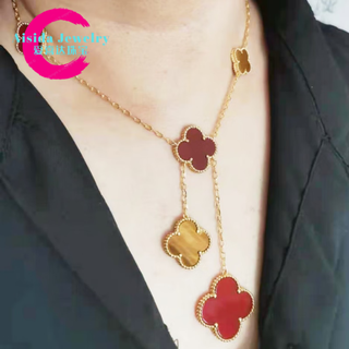 Fat donglai same style 18k gold four-leaf clover necklace for women 18k rose gold pendant six-flower long sweater red tiger eye stone six-flower rose gold