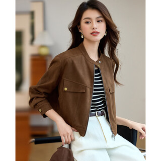 Terre bleue casual work jacket 2025 spring and autumn new product small stand collar suede short jacket women brown s