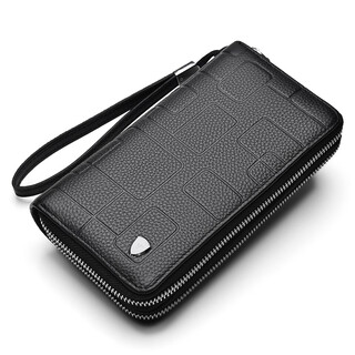 First layer cowhide men's clutch genuine leather fashionable business casual clutch bag large capacity double zipper long clutch black