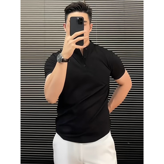 Qing muqi stand collar short sleeve polo shirt men's slim fit 2025 summer youth handsome business henry collar t-shirt black stand collar polo short sleeve m recommended 90-105 jin jin equals 0.5 kg