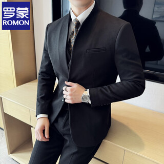 Romon new chinese style stand collar wool suit suit men's autumn and winter business casual wear groom wedding slim suit three-piece black single-piece suit free tie xl (125-140 jin jin equals 0.5 kg)