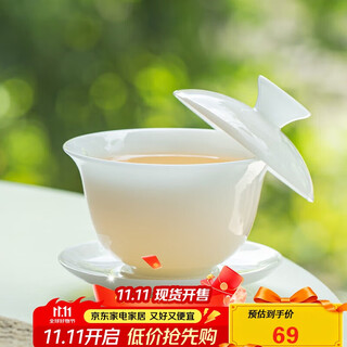 Eight thousand rows of ice jade porcelain high-end three-cai bowl tea set for one person high-end dehua mutton-fat jade white porcelain kung fu tea cup