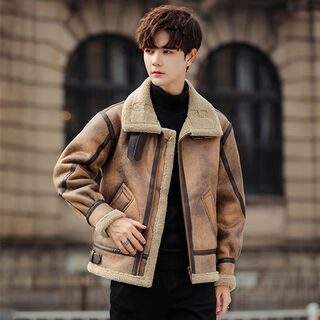 Falling retro flight jacket men's fur one-piece suede lambswool jacket thickened large size couple leather jacket trend retro brown 4xl