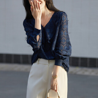 Demana bright silk glitter quality spring and autumn french v-neck long-sleeved shirt jacquard temperament shirt women's tops