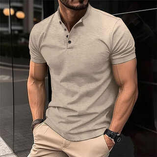 Mishide tough guy style t-shirt men's slim fit muscle fitness henley shirt summer short-sleeved men's business commuting top khaki 2xl recommended 150-190jin jin equals 0.5 kg