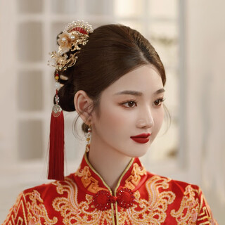 Ancient bride xiuhe clothing headdress red velvet flower phoenix crown chinese wedding gift newlywed toast clothing hair accessories wedding accessories chinese bridal headwear tassel style
