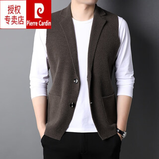 Pierre cardin spring and autumn men's cardigan sweater vest korean style trendy suit vest lapel knitted sleeveless waistcoat hair vest brown l 170 110-125jin jin is equal to 0.5 kg