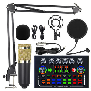 Yakultf009 cross-border english version direct bm800 sound card set full set of mobile phone and computer direct singing recording set f009+bm800 gold (cantilever set)
