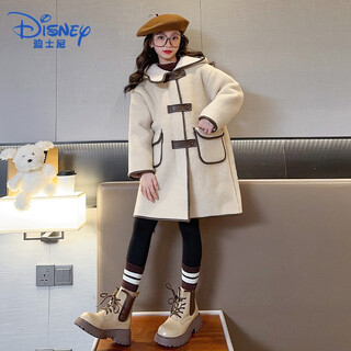 Disney girls autumn and winter woolen coat 2025 new korean style thickened fur one-piece woolen coat girls big children hooded jacket beige 150