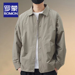 Romon men's lapel jacket 2025 spring and autumn new solid color casual handsome top loose simple fashion windproof jacket regular style 8802 gray green xl (recommended 135-155 jin jin equals 0.5 kg)