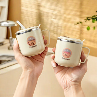 Worthbuy 316 stainless steel children's water cup with scale drinking cup baby anti-fall anti-scalding cartoon straw cup learning drinking cup off-white - badge hehe bear 1 piece 270ml