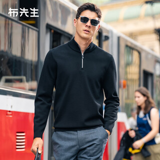 Mr. bu's stand-up collar half-open zipper design sweater for men spring and autumn leather label decoration comfortable cardigan bt15377 piano black l (175)
