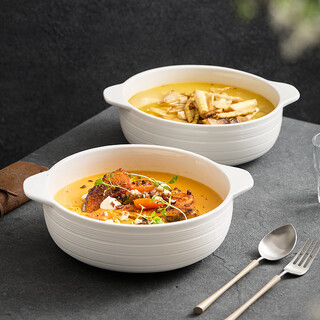 Chidu double-eared soup bowl household anti-scalding white striped large bowl japanese-style ceramic instant noodle bowl creative soup basin high-end deep bowl 10.6-inch double-eared striped bowl-white porcelain